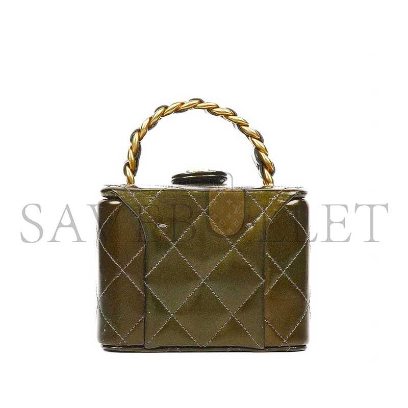 CHANEL MINI CC VANITY CASE OLIVE GREEN IRIDESCENT QUILTED PATENT LEATHER A2227 (11*9.5*8.5cm)